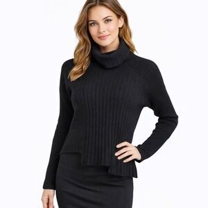 All Saints Black Wool Turtle Neck Asymmetrical Hem Sweater